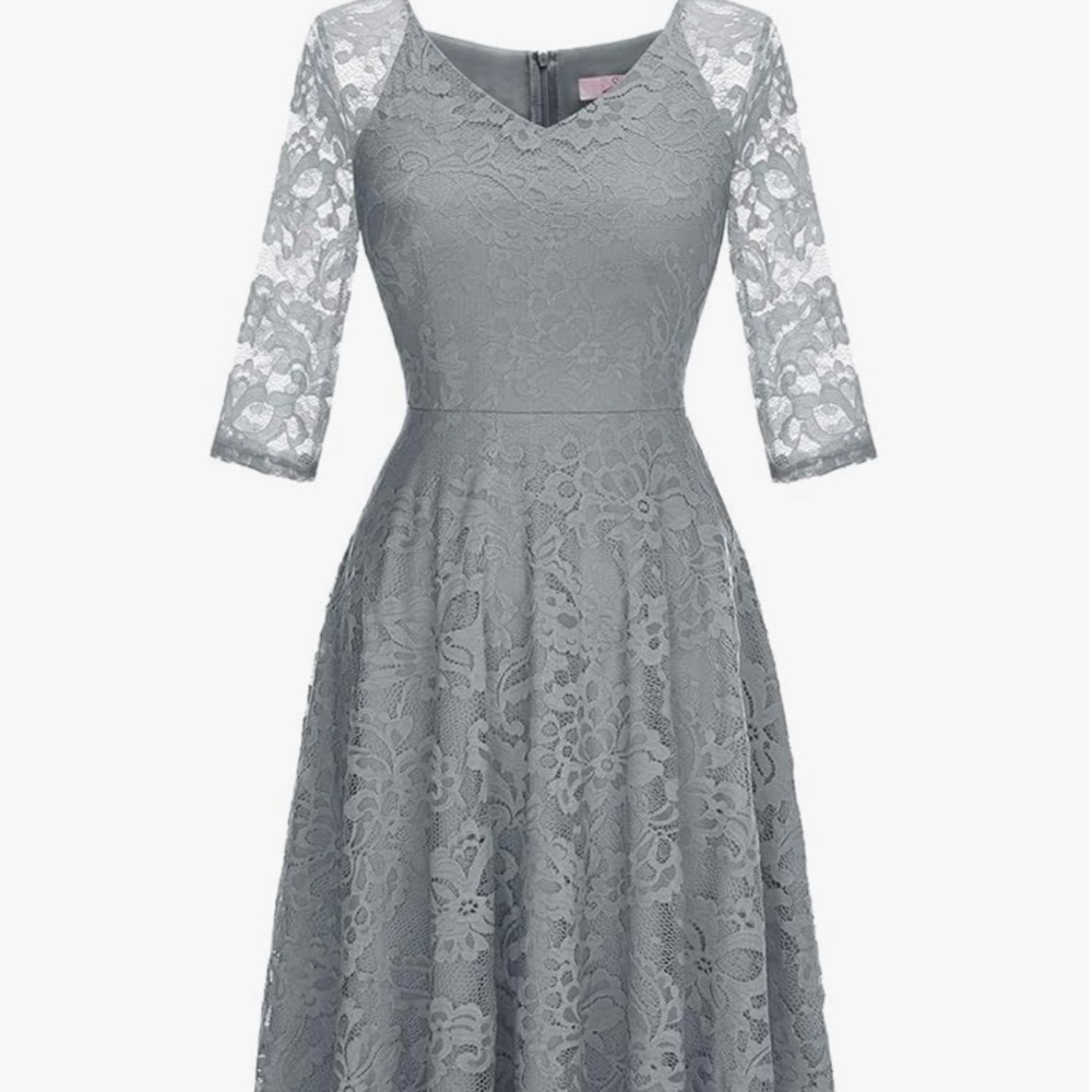 Elegant Lace Fit-and-Flare Dress in Light Gray